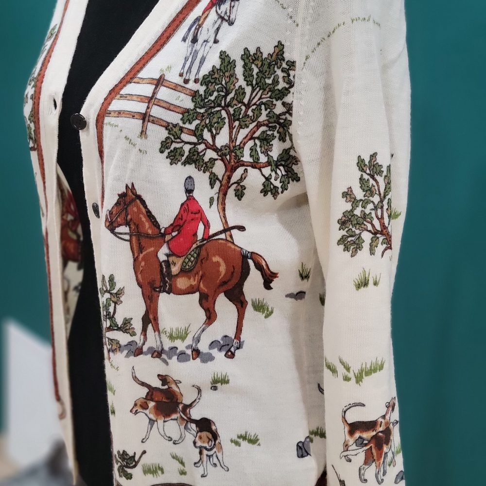 J. Crew Cream Horse/Equestrian Vintage HTF Rare Cardigan Size Med. 100% Wool - Picture 2 of 9